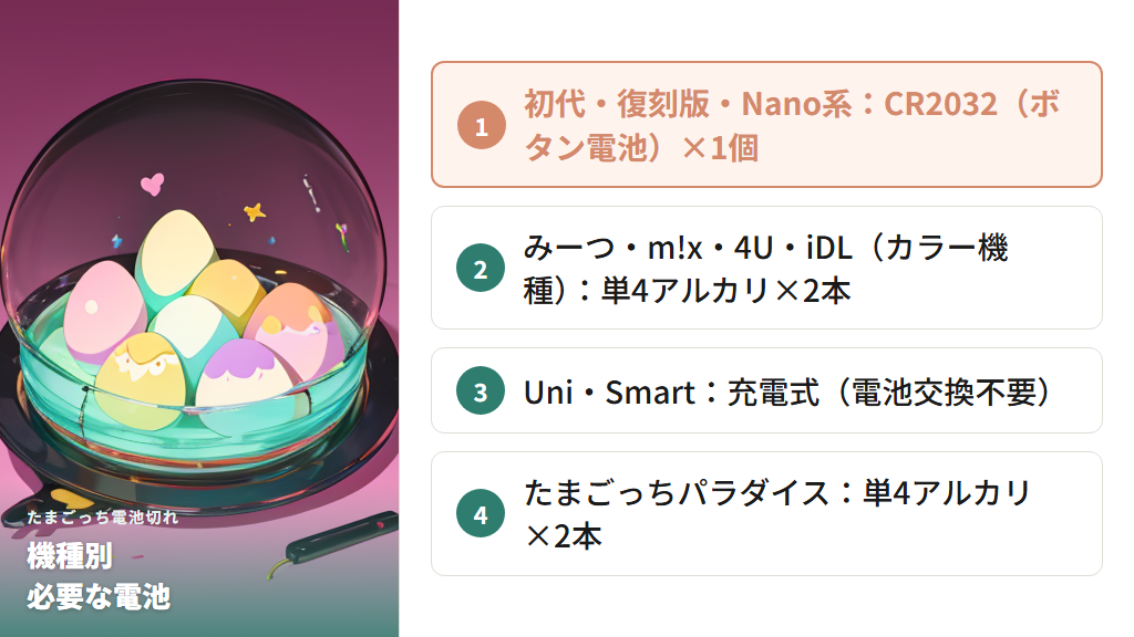 機種別の電池の種類とたまごっち電池切れの前提知識