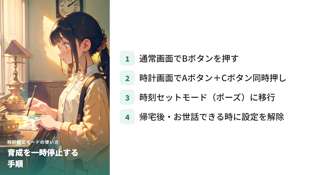 時計設定モードで育成を一時停止する方法