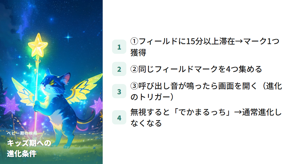 ベビー期からキッズ期への進化条件（フィールドマーク攻略）