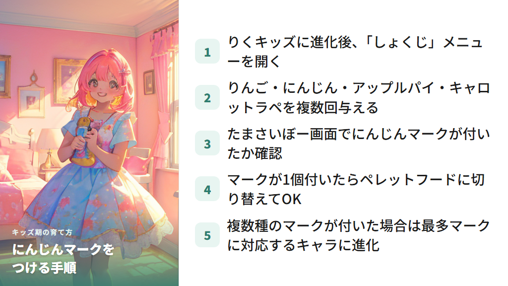 キッズ期 - にんじん系の食べ物でにんじんマークをつけるキッズ期の育て方