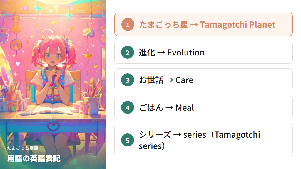 たまごっち用語の英語表記——「進化」「お世話」「たまごっち星」は英語で何という？