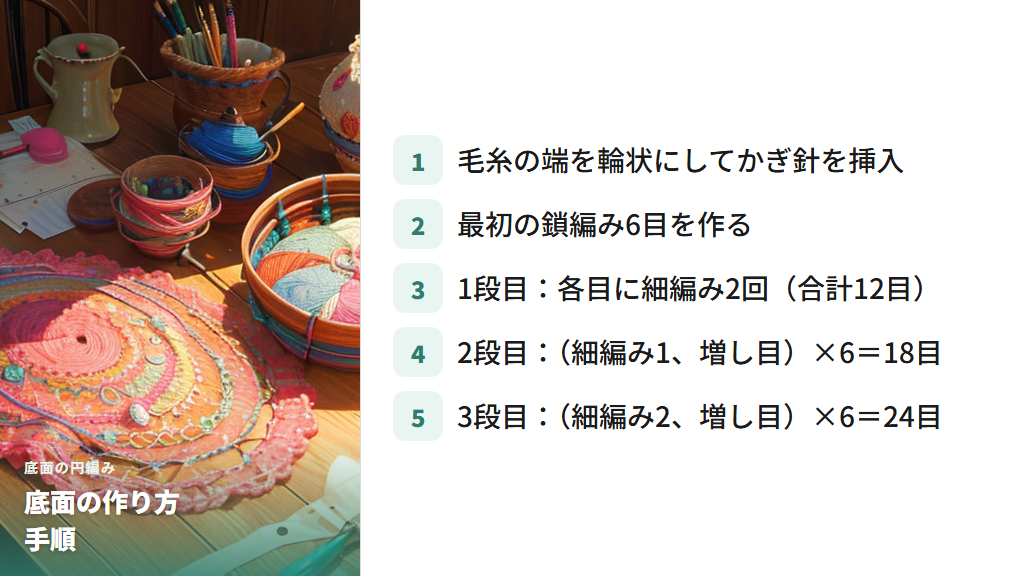 底面の円編み（輪作りと増し目の方法）