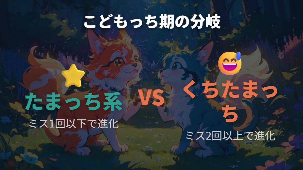 こどもっち期の分岐攻略：お世話ミス回数でたまっち系かくちたまっち系かが決まる