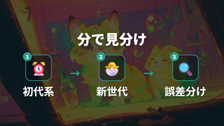 何分待てば生まれるのかを初代系と確認できる機種で分ける