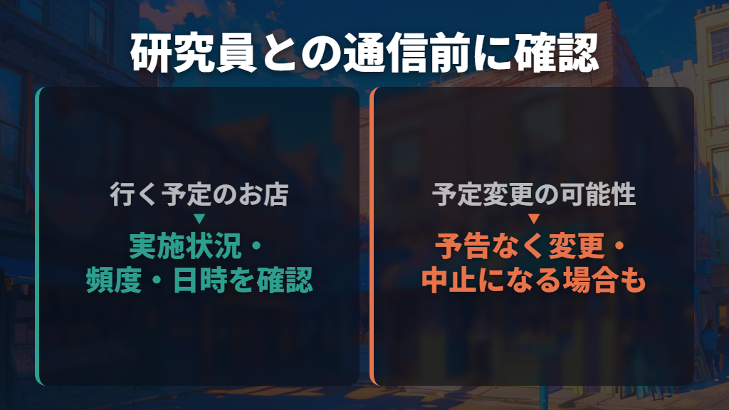 研究員との通信は実施店舗・日時を確認する