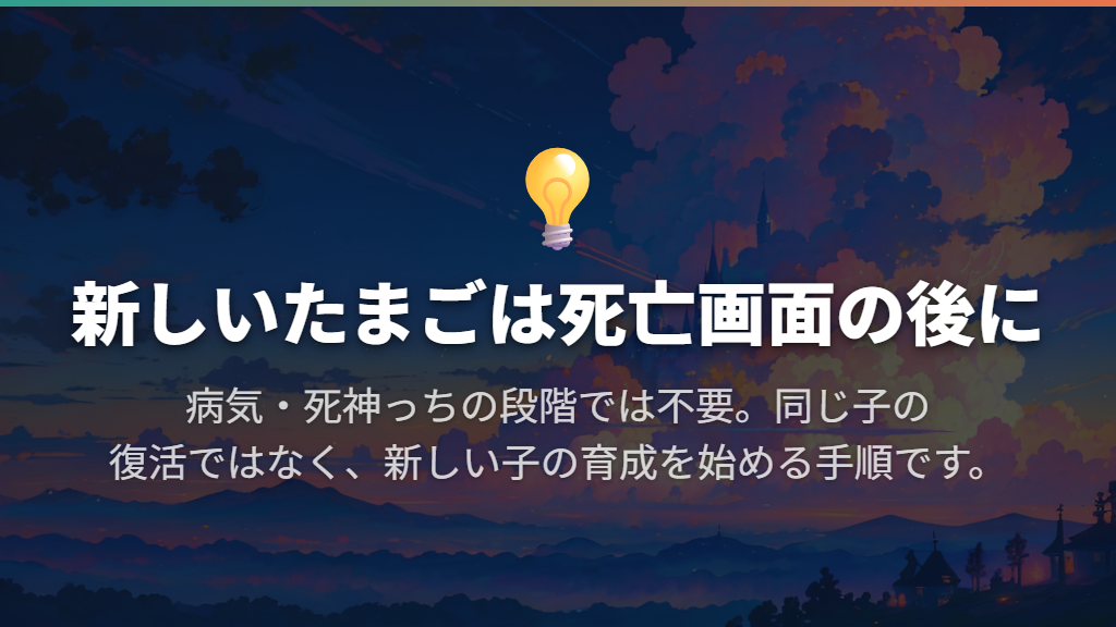 死亡画面になった場合は、新しいたまごの操作へ進む