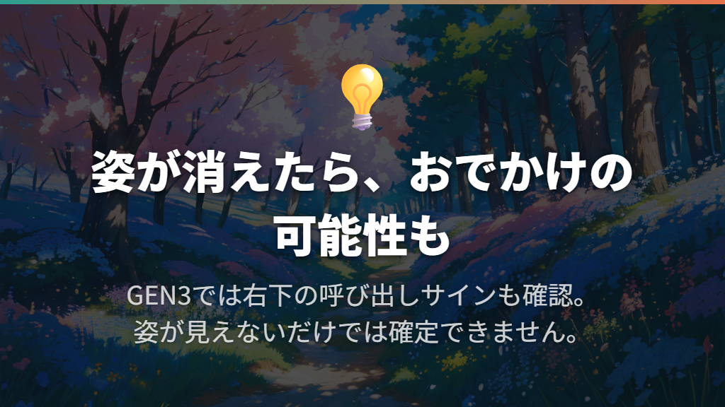 姿が消えているなら、おでかけの可能性を確認する