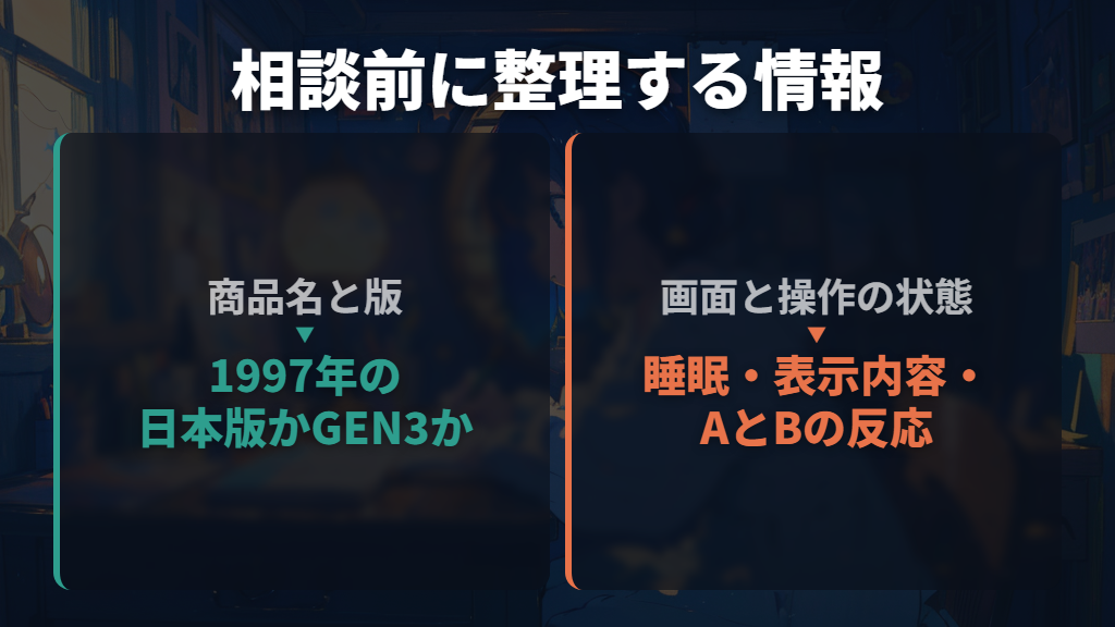 解決しないときは、機種と画面の状態を添えて相談する